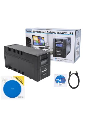 SilverCloud SafePC 650AVR UPS-pakket, 360W vermogen en blauwe plakpad inbegrepen.