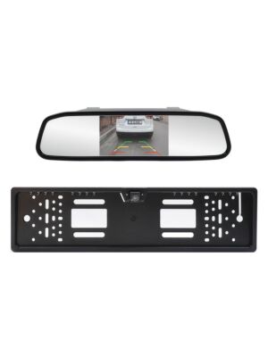 PNI Escort P25 draadloos parkeersysteem met 4,3-inch display in de achteruitkijkspiegel en camera in de kentekenplaathouder.