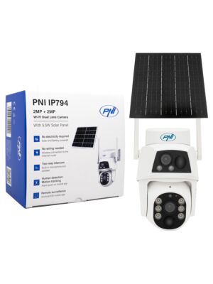 PNI IP794 videobewakingscamera met Wi-Fi, PTZ, dubbele lens 2MP + 2MP, 5,5W zonnepaneel, 8000mAh blokbatterij