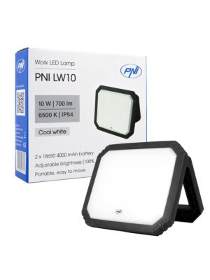 PNI LW10 10W LED-werklamp, draagbaar, oplaadbaar, met accu 2 x 18650 4000mAh, 6500K, IP54, 700 lm, 2 niveaus