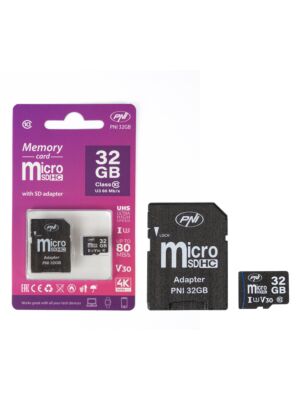 MicroSD PNI 32GB-geheugenkaart met SD-adapter, klasse 10, 80 Mb/s, V30
