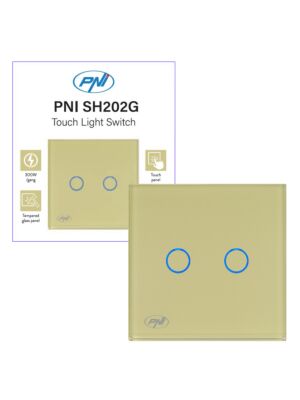 Dubbele schakelaar met touch PNI SH202G van glas, goud met LED-indicator, goudkleur