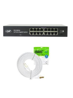 PNI SW016 Switch-pakket, 16 x 10/100/1000 Mbps, gigabit, metalen behuizing en 3M CAT8 patch PNI U8030W