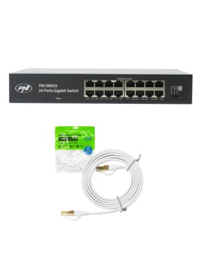 PNI SW016 Switchpakket, 16 x 10/100/1000 Mbps, Gigabit, metalen behuizing en 1,5 m CAT8 patchkabel PNI U8015W