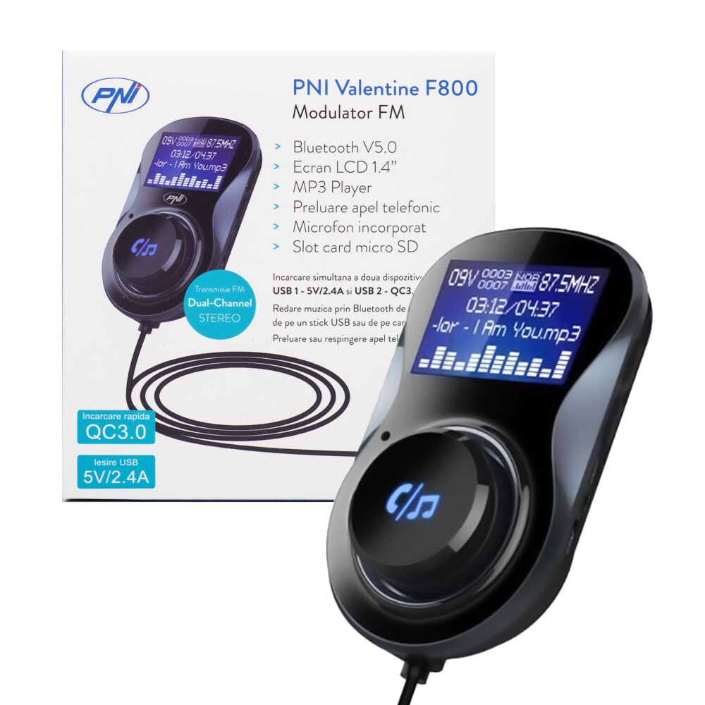 Grafiek kleding Ramkoers PNI Valentine F800 Bluetooth FM-modulator, MP3-speler, FM-zender, micro  SD-sleuf