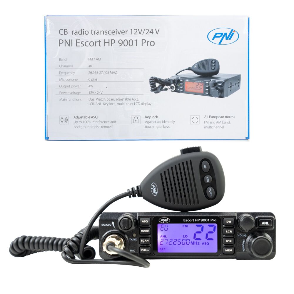 Radio CB PNI Escort HP 9001 Pro ASQ réglable, A-F, 12V / 24V, 4W