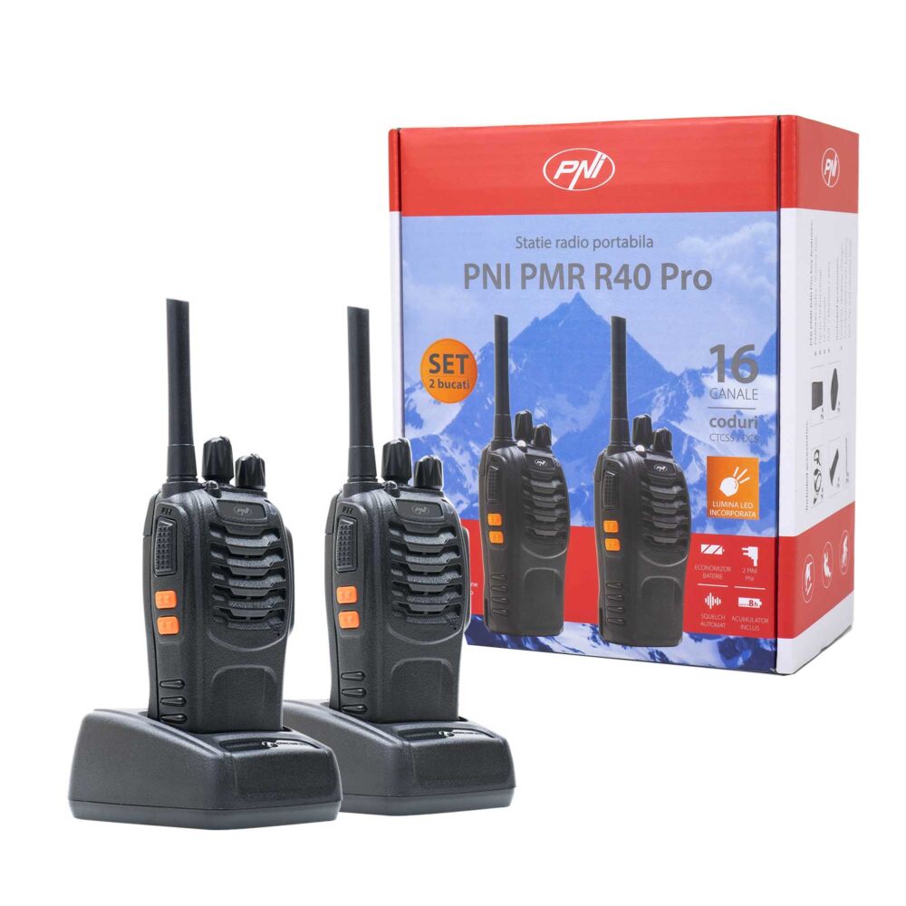 PNI PMR R40 Camo 0,5W draagbaar radiostationpakket, 16 kanalen, ASQ, TOT, monitor, programmeerbaar, 1200mAh Li-Ion batterijen, opladers en koptelefoons inbegrepen, set van 4 stuks