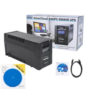 SilverCloud SafePC 650AVR UPS-pakket, 360W vermogen en blauwe plakpad inbegrepen.