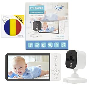 Videobabyfoon PNI BM500 Pakket met 5-inch scherm, draadloze 2,4 GHz-verbinding en plakbare vlag.