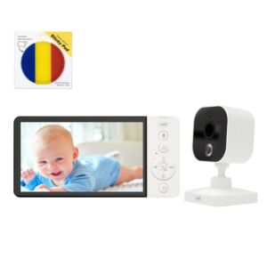 Videobabyfoon PNI BM500 Pakket met 5-inch scherm, draadloze 2,4 GHz-verbinding en plakbare vlag.