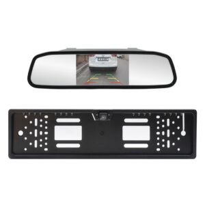PNI Escort P25 draadloos parkeersysteem met 4,3-inch display in de achteruitkijkspiegel en camera in de kentekenplaathouder.