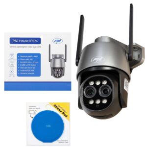 Paxhet PNI House IP574 videobewakingscamera met Wi-Fi, PTZ, dubbele lens en blauwe zelfklevende pad meegeleverd.