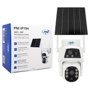 PNI IP794 videobewakingscamera met Wi-Fi, PTZ, dubbele lens 2MP + 2MP, 5,5W zonnepaneel, 8000mAh blokbatterij