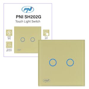 Dubbele schakelaar met touch PNI SH202G van glas, goud met LED-indicator, goudkleur