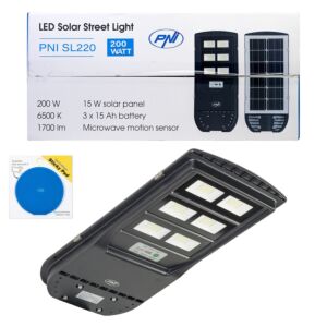 PNI SL220 200W straatverlichtingsset, met ingebouwd zonnepaneel + blauwe plakstrip als cadeau