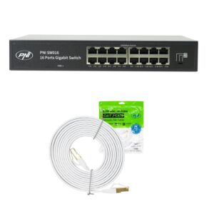 PNI SW016 Switch-pakket, 16 x 10/100/1000 Mbps, gigabit, metalen behuizing en 3M CAT8 patch PNI U8030W