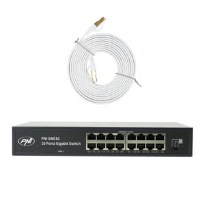 PNI SW016 Switch-pakket, 16 x 10/100/1000 Mbps, gigabit, metalen behuizing en 3M CAT8 patch PNI U8030W