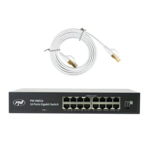 PNI SW016 Switchpakket, 16 x 10/100/1000 Mbps, Gigabit, metalen behuizing en 1,5 m CAT8 patchkabel PNI U8015W
