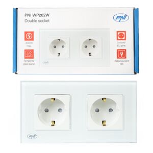 PNI WP202W dubbele inbouwstopcontact, met glasframe, 16A, 2X3000W, 230V, wit